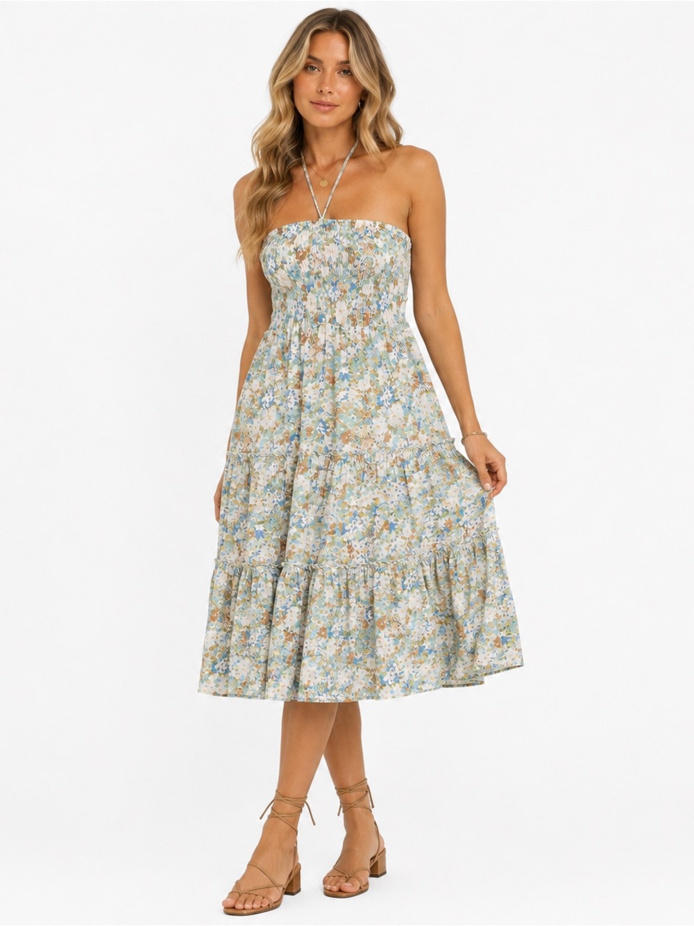 Smocked Strapless/Halter Floral Midi Dress in Pastel Blue and Cream